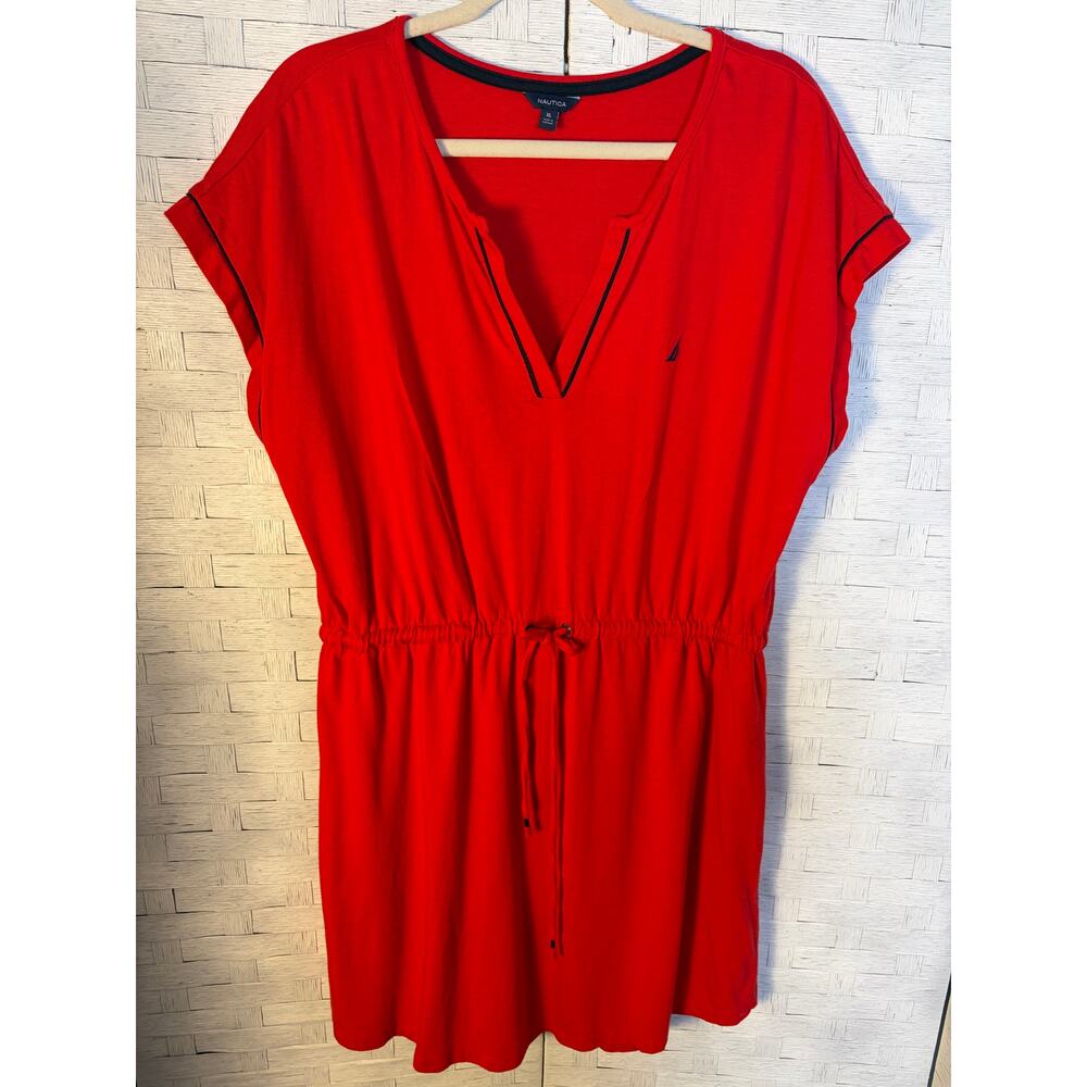 Nautica women's mini dress, red pullover, drawstring waist nautical coastal
